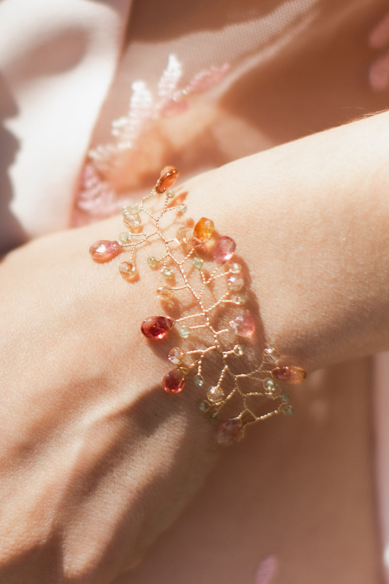 Watermelon tourmaline and peridot gold vine magnetic bracelet. Collection of handcrafted bracelets by Alison Jefferies for J'Adorn Designs