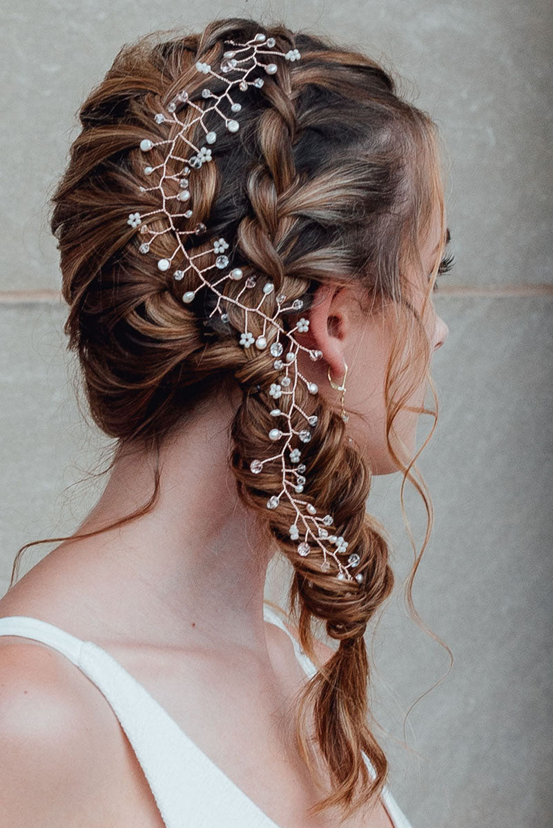 Bohemian bridal hairstyle with convertible rose gold vine hair accessory. Handcrafted hair accessories for weddings and special occasions by Alison Jefferies for J'Adorn Designs.