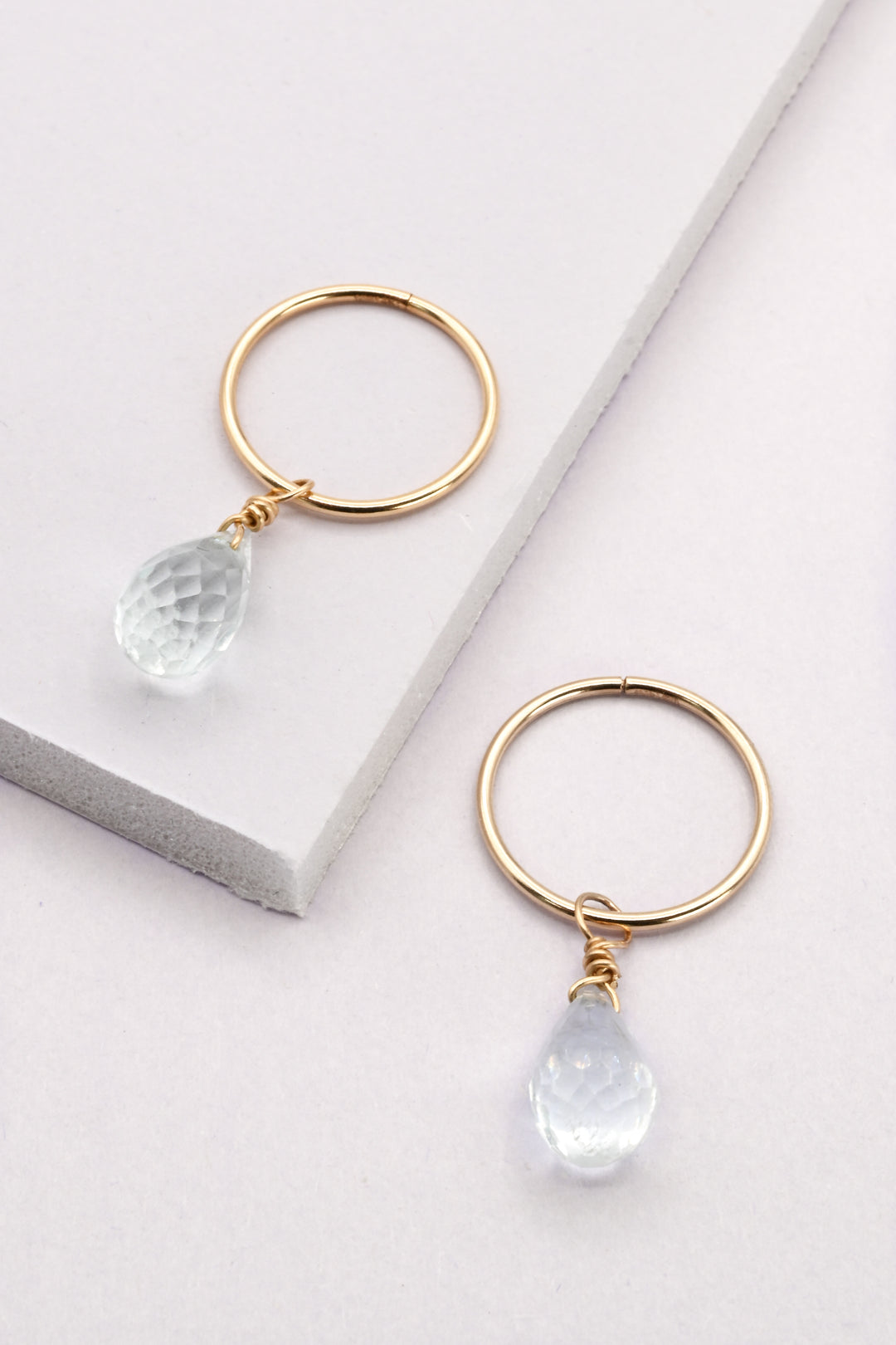 Large Gold Seamless Hoops with Aquamarine Drops