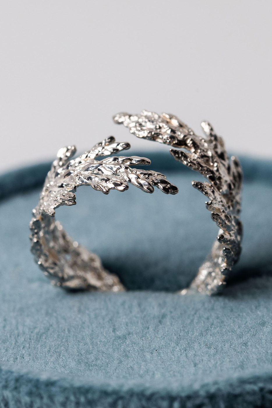 Sterling silver evergreen leaf ring, adjustable juniper leaf ring made from nature by custom jewelry artist Alison Jefferies for J'Adorn Designs