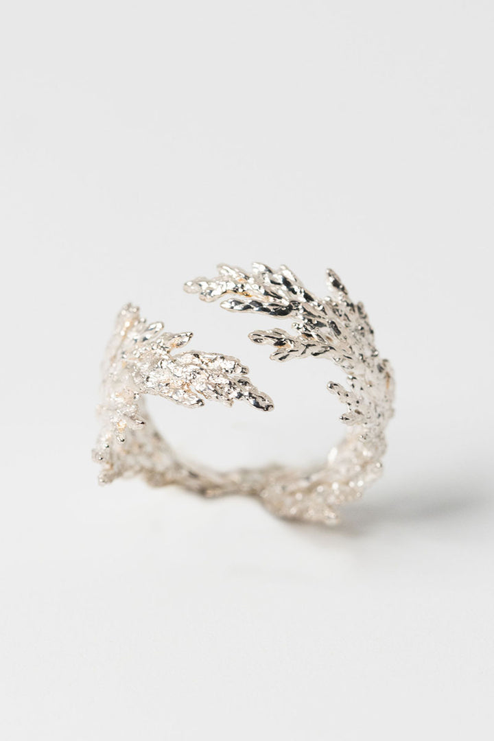 Sterling silver evergreen leaf ring, adjustable juniper leaf ring made from nature by custom jewelry artist Alison Jefferies for J'Adorn Designs