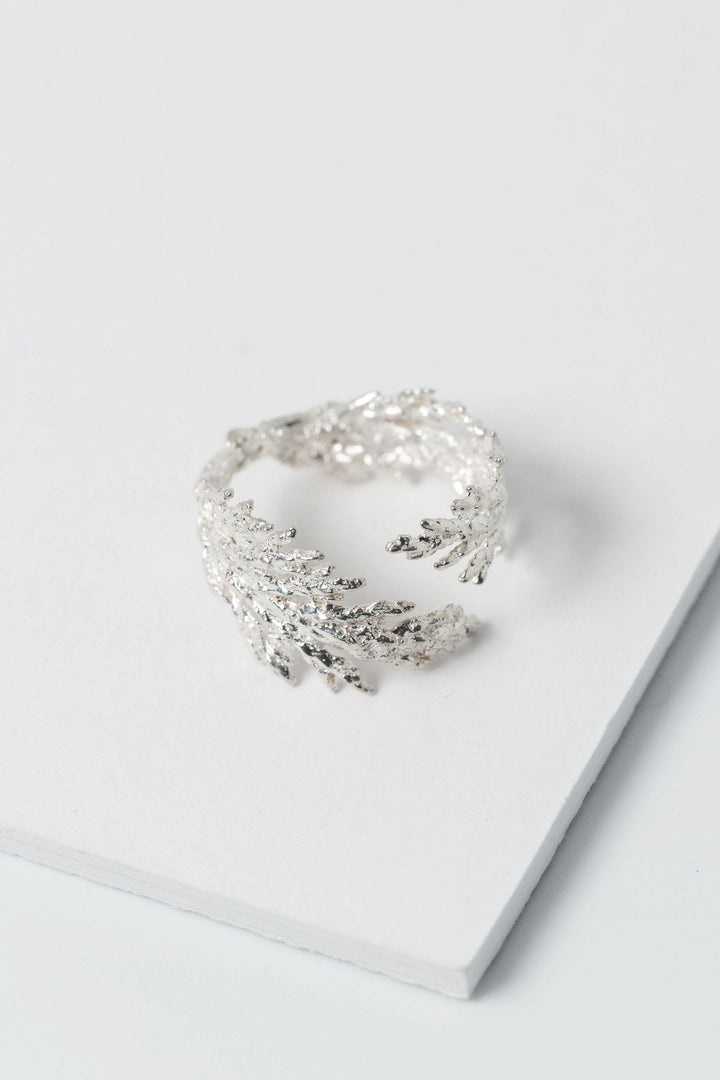 Sterling silver evergreen leaf ring, adjustable juniper leaf ring made from nature by custom jewelry artist Alison Jefferies for J'Adorn Designs