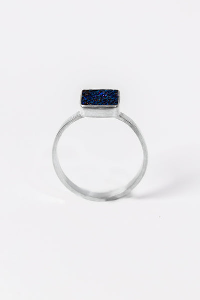 Sterling silver bezel ring with dark blue square druzy solitaire. Handcrafted silver and druzy ring by Alison Jefferies for J'Adorn Designs jewelry.