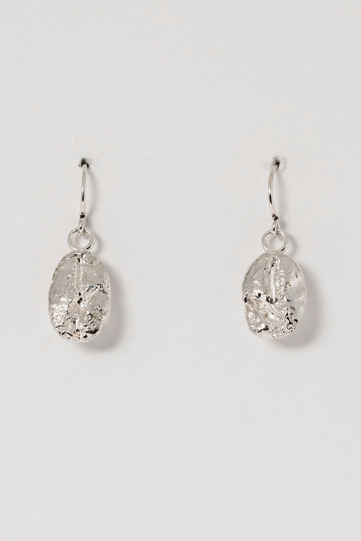 Sterling silver coffee bean drop earrings. Unisex artisan fine jewelry by Alison Jefferies for J'Adorn Designs handcrafted jewelry.