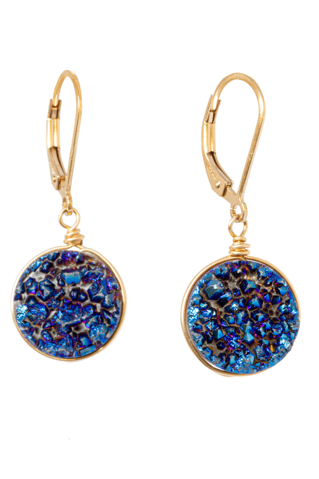 Round violet druzy wire-wrapped drop earrings with 14k gold filled leverback earrings by J'Adorn Designs jewelry artisan Alison Jefferies