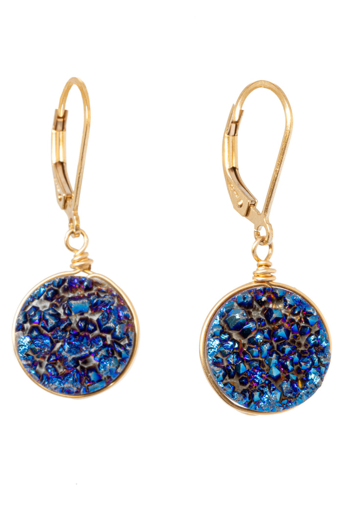 Round violet druzy wire-wrapped drop earrings with 14k gold filled leverback earrings by J'Adorn Designs jewelry artisan Alison Jefferies