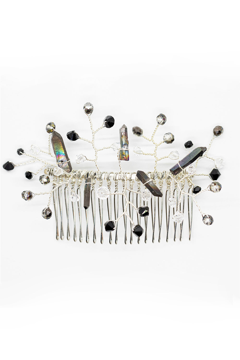 Black bridal hairpiece with black crystal spikes and black beaded branches. Luxury bridal accessories for alternative wedding style by J'Adorn Designs artisan wedding accessories.