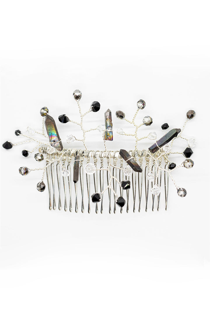 Black bridal hairpiece with black crystal spikes and black beaded branches. Luxury bridal accessories for alternative wedding style by J'Adorn Designs artisan wedding accessories.