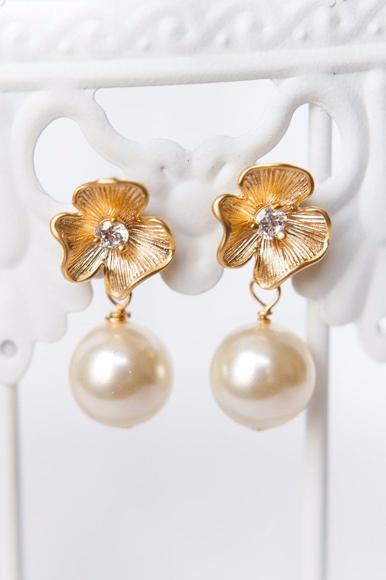 Classic flower and pearl bridal earrings, simple gold flower earrings, custom bridal jewelry by J'Adorn Designs