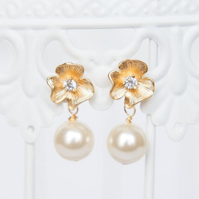 Classic flower and pearl bridal earrings, simple gold flower earrings, custom bridal jewelry by J'Adorn Designs