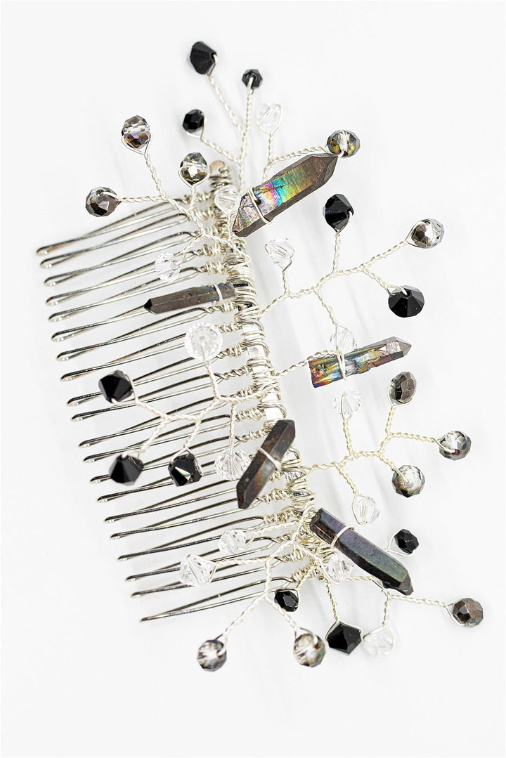Black bridal hairpiece with black crystal spikes and black beaded branches. Luxury bridal accessories for alternative wedding style by J'Adorn Designs artisan wedding accessories.