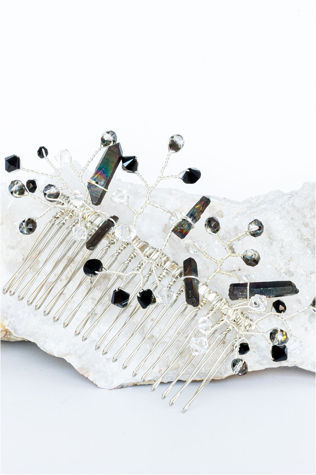 Black bridal hairpiece with black crystal spikes and black beaded branches. Luxury bridal accessories for alternative wedding style by J'Adorn Designs artisan wedding accessories.