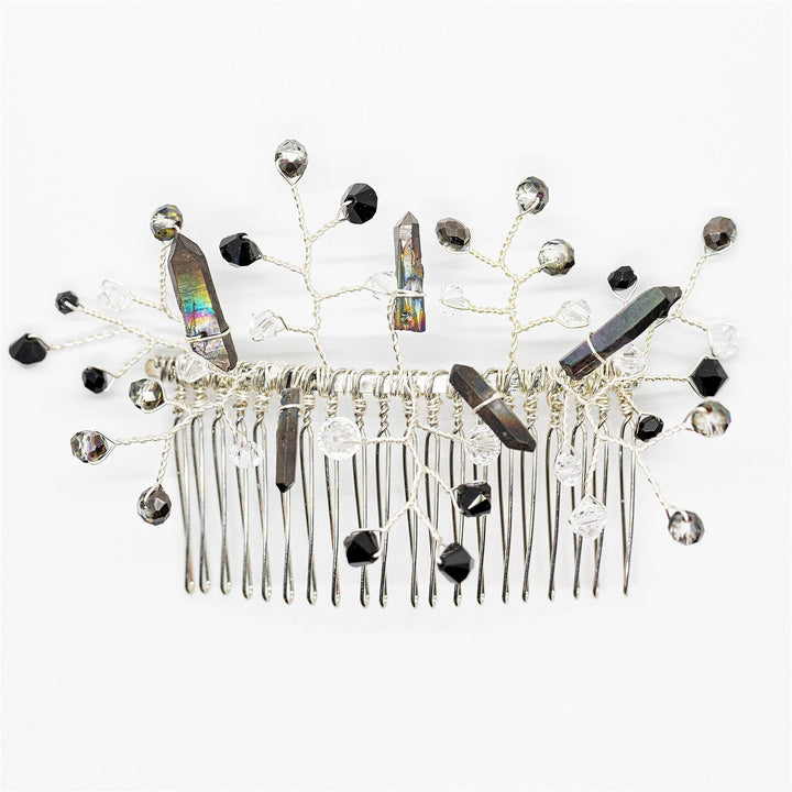 Black bridal hairpiece with black crystal spikes and black beaded branches. Luxury bridal accessories for alternative wedding style by J'Adorn Designs artisan wedding accessories.