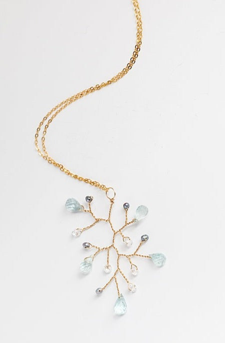 Aquamarine teardrop branch necklace with freshwater pearls and crystals, 18 inch gold necklace with aquamarine pendant, handcrafted gemstone necklace by J'Adorn Designs artisan jewelry