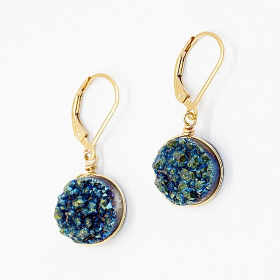 Teal druzy drop earrings in gold by J'Adorn Designs jewelry designer Alison Jeffieries