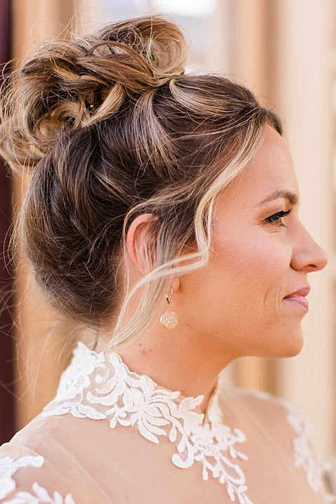 Golden champagne colored round druzy drop earrings with gold wires. Handcrafted druzy jewelry by designer Alison Jefferies of J'Adorn Designs