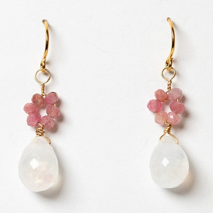 Gold flower earrings with moonstone drops and tourmaline flowers in pink. Handcrafted earrings and custom jewelry by J'Adorn Designs artisan Alison Jefferies