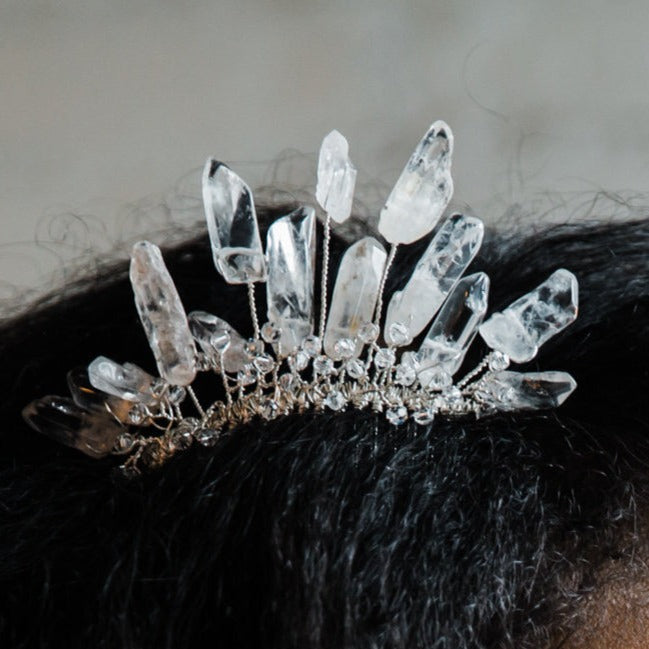 Crystal quartz spike crown of ice bridal comb in silver with clear quartz spike and mini swarovski crystal dusting by J'Adorn Designs jewelry artisan Alison Jefferies