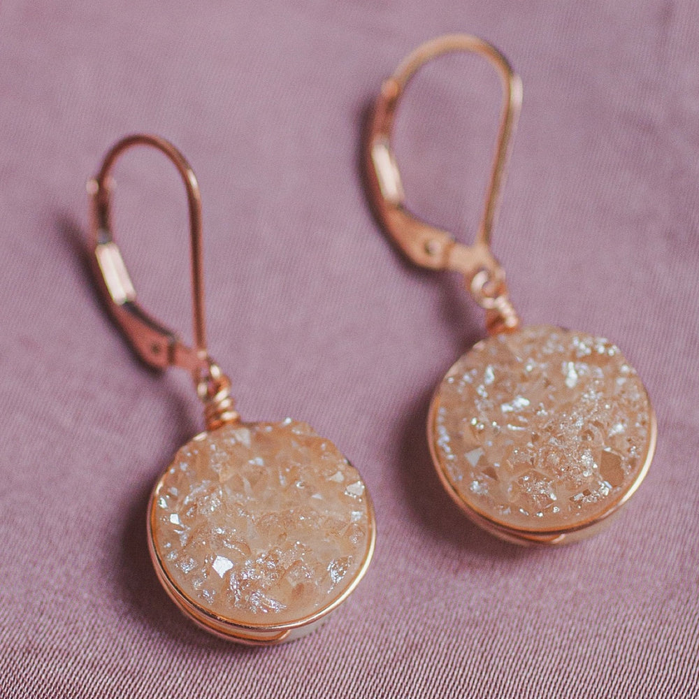 Delicate rose gold druzy earrings with lightweight wire wrap. Sparkly gemstone earrings by J'Adorn Designs artisan jewelry and luxury bridal accessories.