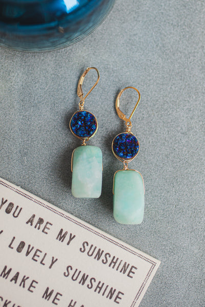 Aqua blue druzy and amazonite nugget drop earrings with gold wire on leverback earrings by jadorn designs jeweler Alison Jefferies