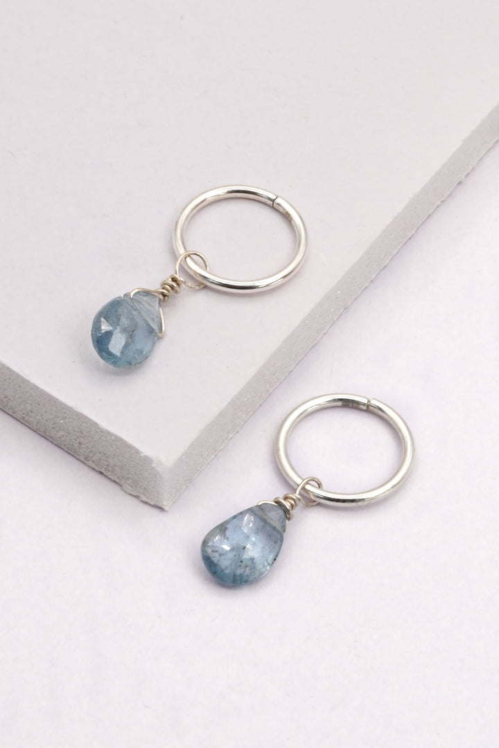Silver Seamless Huggie Hoops with Aquamarine Drops
