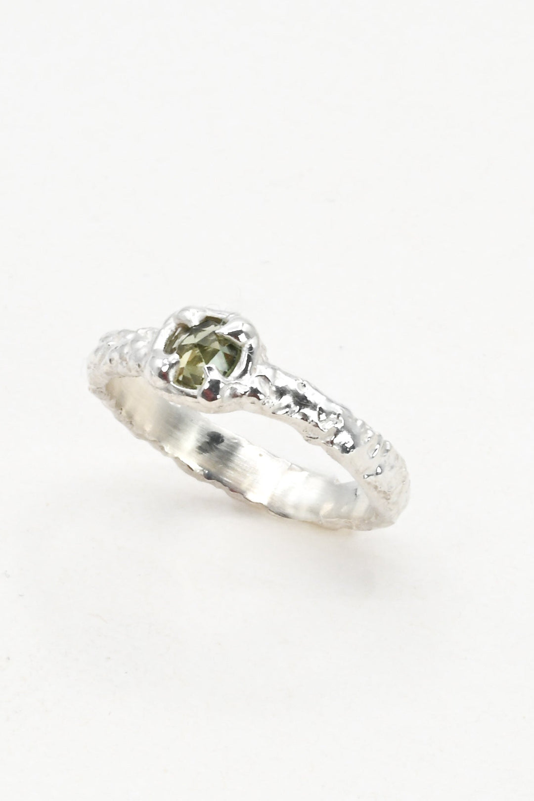Light green sapphire ring with textured sterling silver band, by J'Adorn Designs