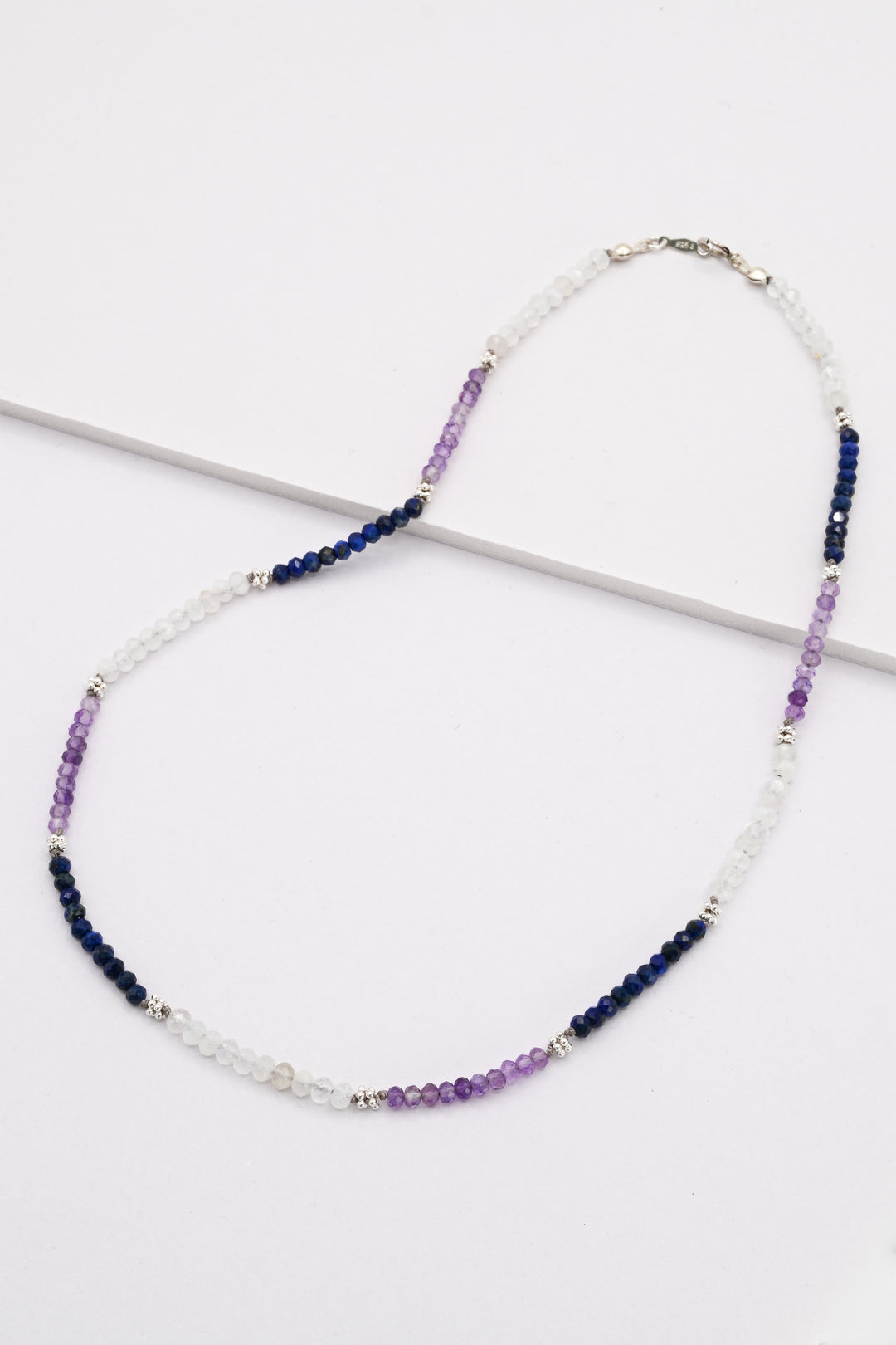 Colorblock beaded necklace with sapphire, moonstone, amethyst, and sterling silver beads by J'Adorn Designs