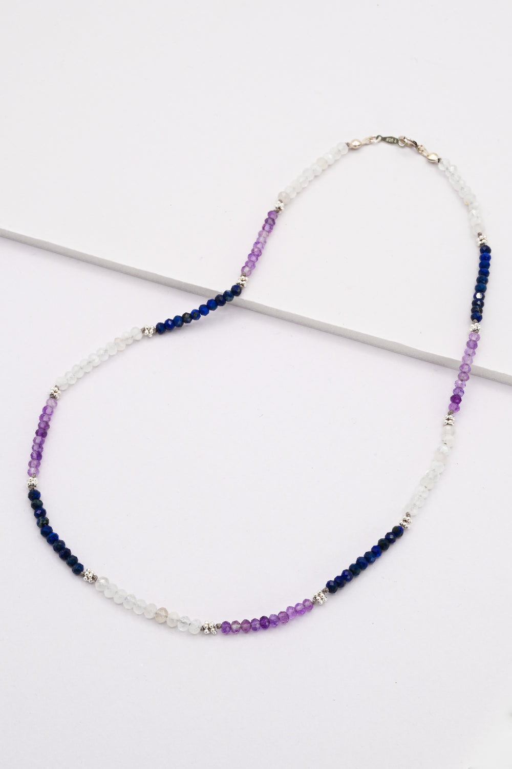 Colorblock beaded necklace with sapphire, moonstone, amethyst, and sterling silver beads by J'Adorn Designs