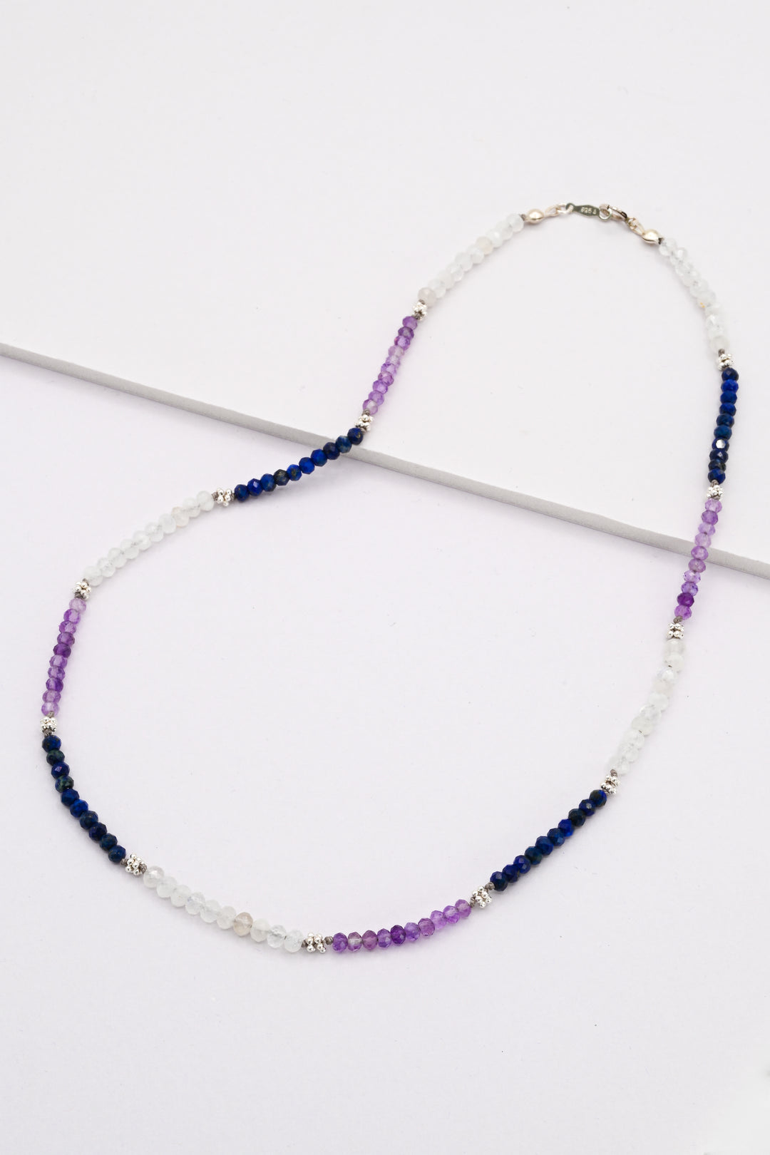 Colorblock beaded necklace with sapphire, moonstone, amethyst, and sterling silver beads by J'Adorn Designs