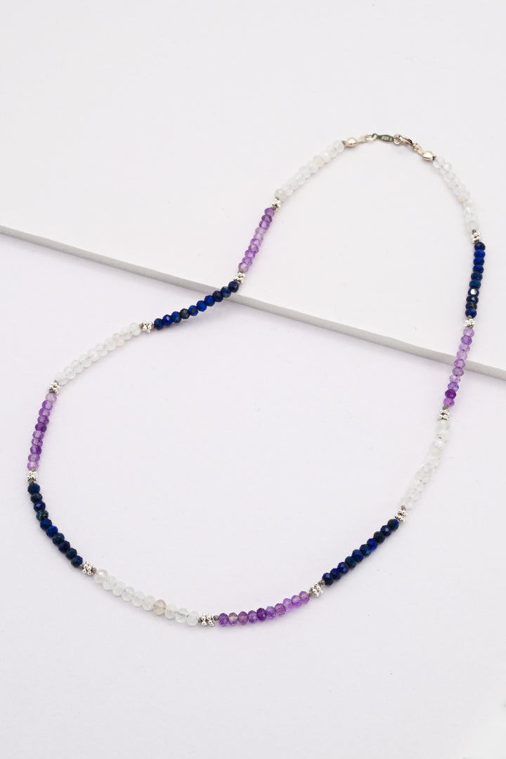 Colorblock beaded necklace with sapphire, moonstone, amethyst, and sterling silver beads by J'Adorn Designs