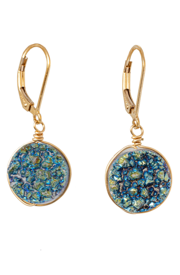 Teal druzy drop earrings in gold by J'Adorn Designs jewelry designer Alison Jeffieries