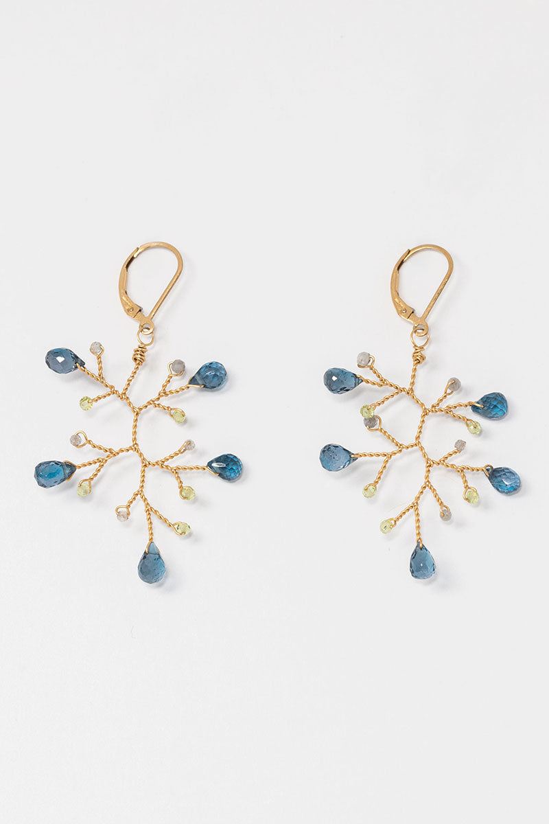 London blue topaz, peridot, and labradorite gold branch earrings. Lightweight statement earrings inspired by nature, made by jewelry artist Alison Jefferies for J'Adorn Designs Custom Jewelry.