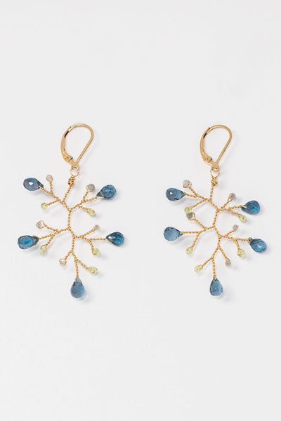 London blue topaz, peridot, and labradorite gold branch earrings. Lightweight statement earrings inspired by nature, made by jewelry artist Alison Jefferies for J'Adorn Designs Custom Jewelry.