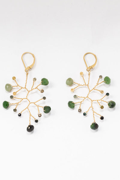 Green jade and brown tourmaline wire-wrapped branch earrings with lever back earring hooks in 14k gold filled metals. Earrings lay flat side by side on a white background. 