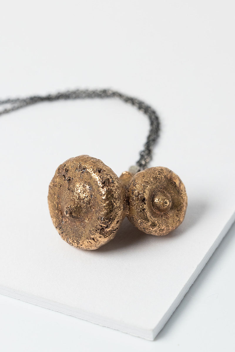 Cast Bronze Acorns Pendant on Long Oxidized Silver Chain by Alison Jefferies for J'Adorn Designs