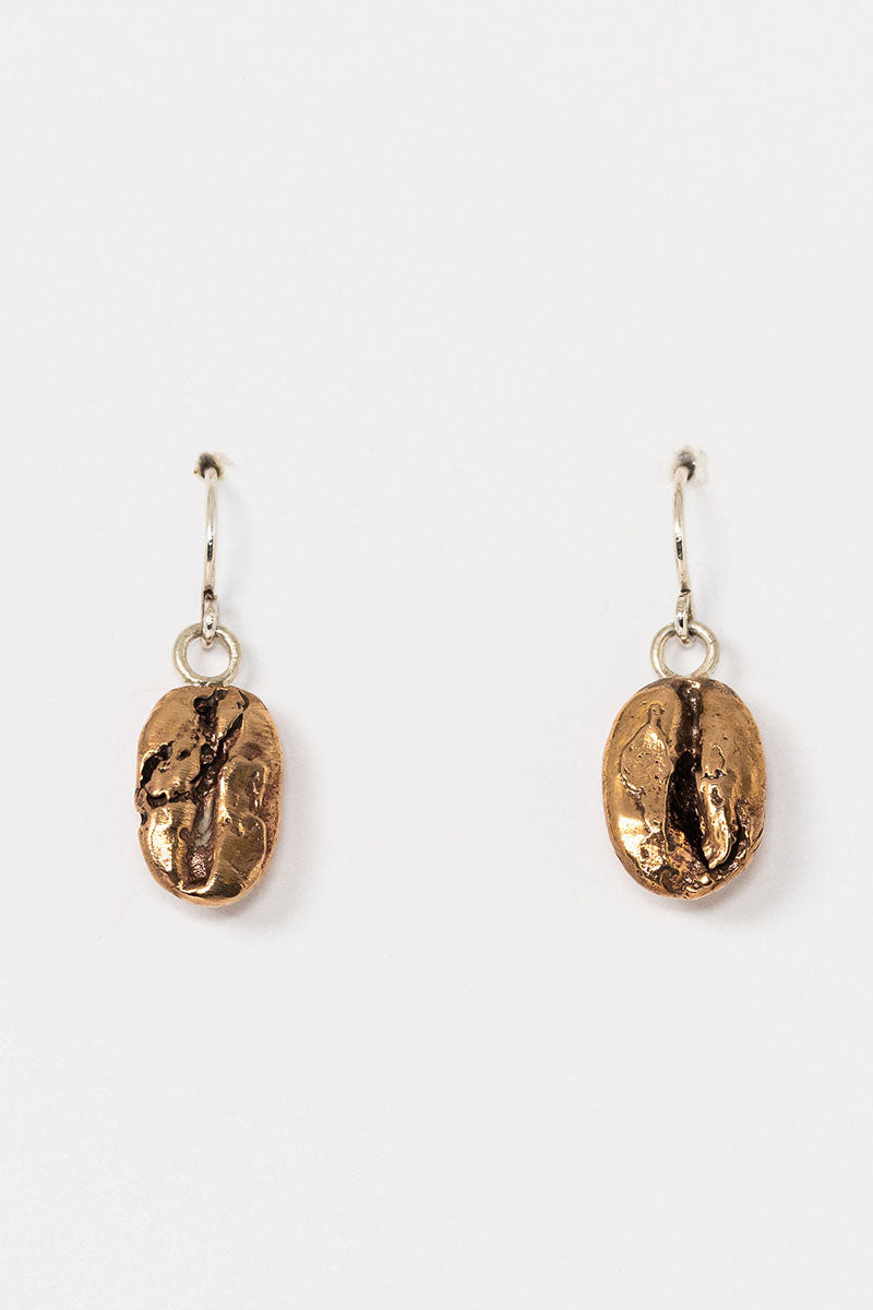 Bronze coffee bean drop earring pair with sterling silver earrings; handcrafted unisex earrings by Alison Jefferies for J'Adorn Designs artisan jewelry, made in Baltimore. 