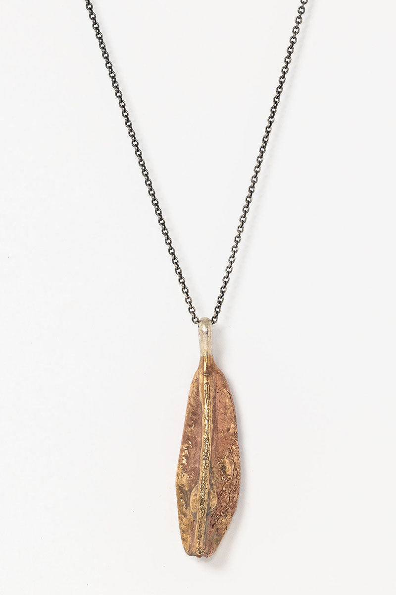 Cast Bronze Iris Flower Seed Pod Necklace with long oxidized sterling silver cable chain