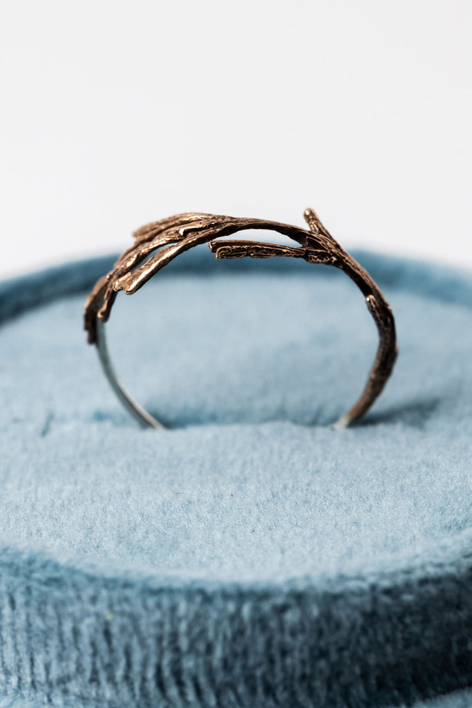 Bronze and silver twig ring, handcrafted jewelry made from plants, by Alison Jefferies for J'Adorn Designs