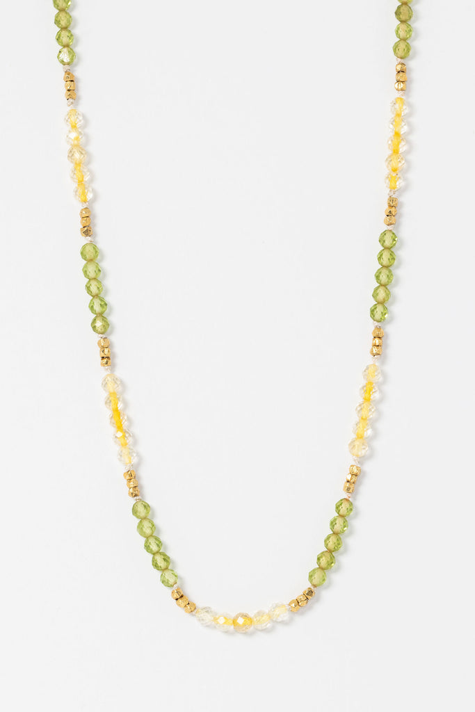 Citrine and peridot beaded necklace with faceted gold beads. Colorblock gemstone layering necklace by Alison Jefferies for J'Adorn Designs jewelry.