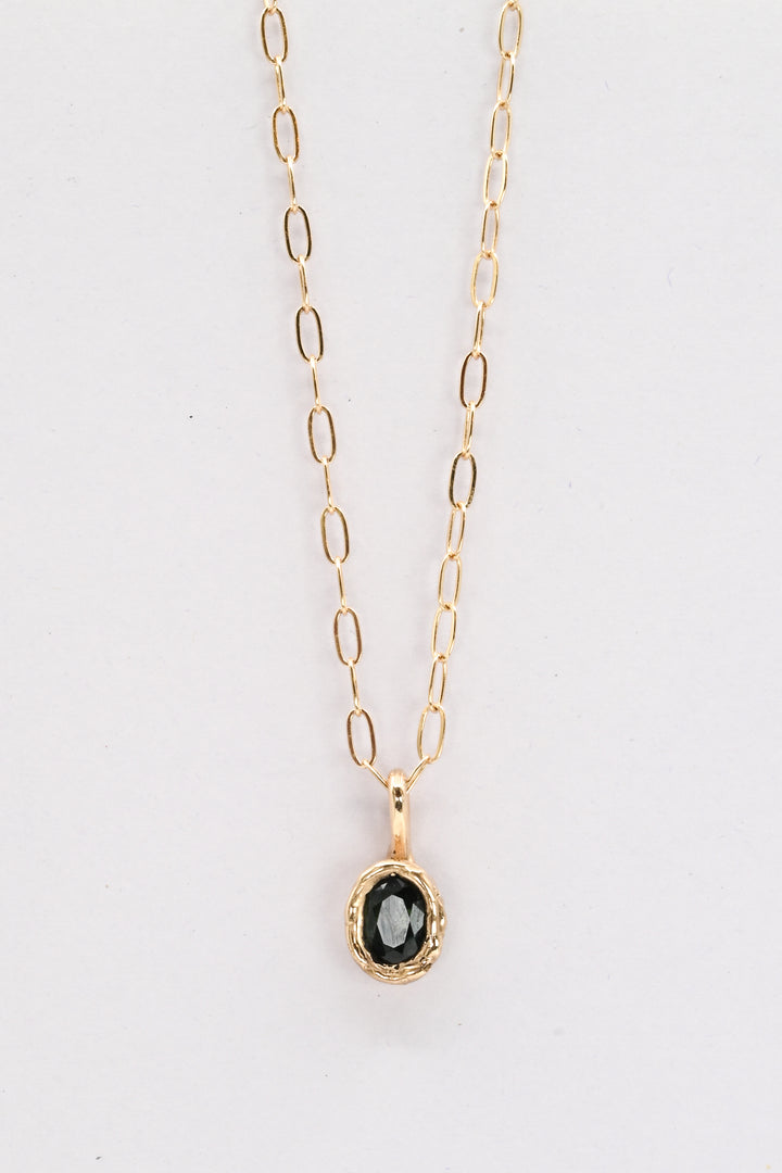 Dark green oval sapphire in a 14k gold setting on a gold paperclip chain, by J'Adorn Designs