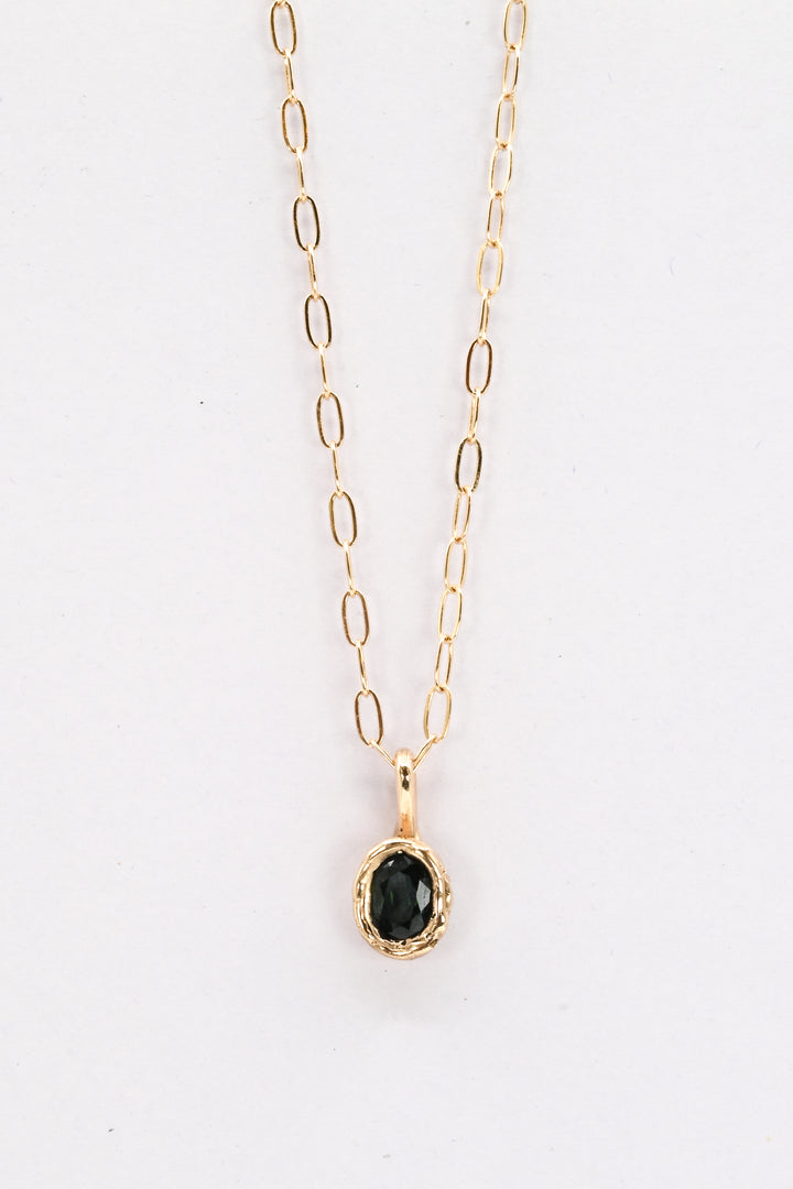 Dark green oval sapphire in a 14k gold setting on a gold paperclip chain, by J'Adorn Designs