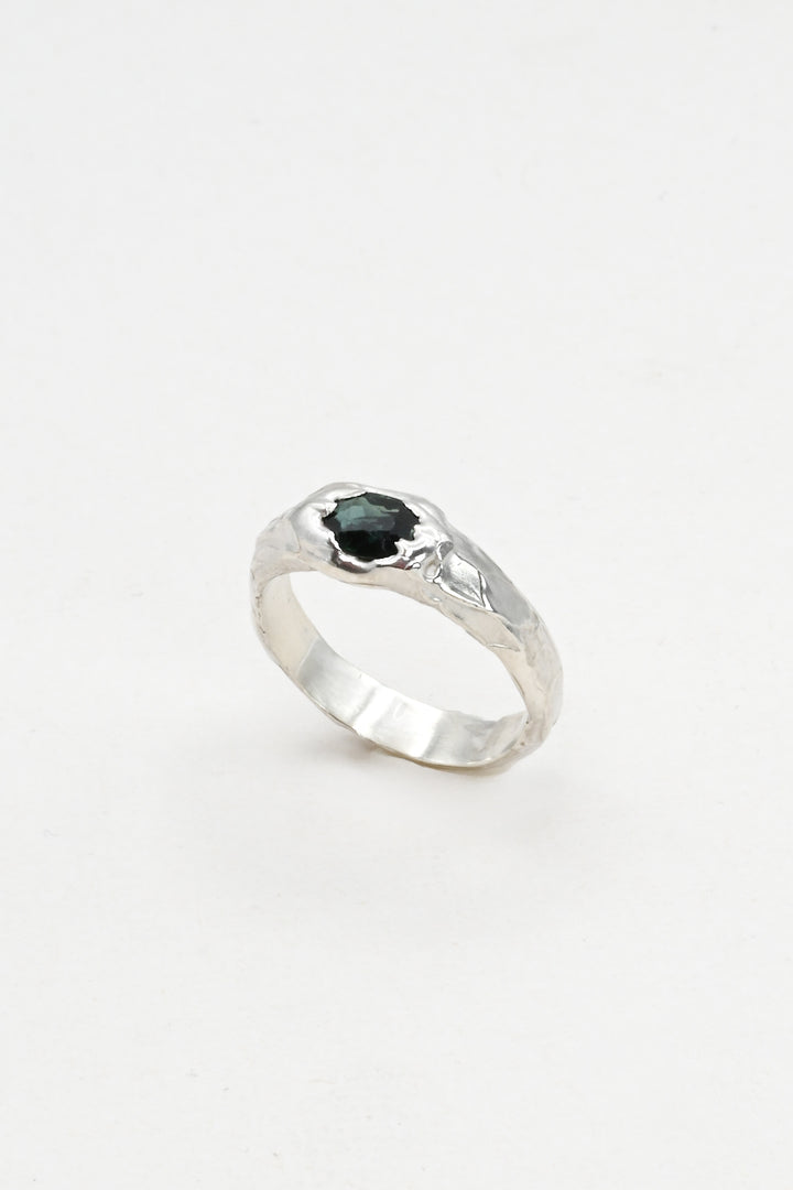 Textured silver ring with oval dark green sapphire focal, by J'Adorn Designs