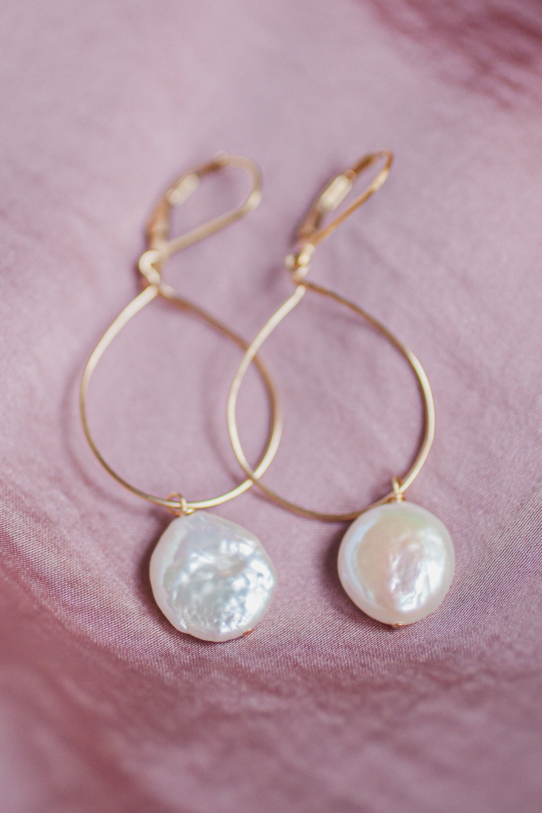Delicate gold hoop earrings with white freshwater coin pearl drops, hand crafted jewelry by Alison Jefferies of J'Adorn Designs