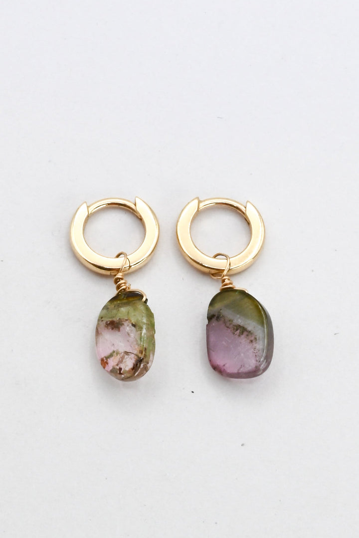 14k gold huggie hoops with watermelon tourmaline slice charms, by J'Adorn Designs