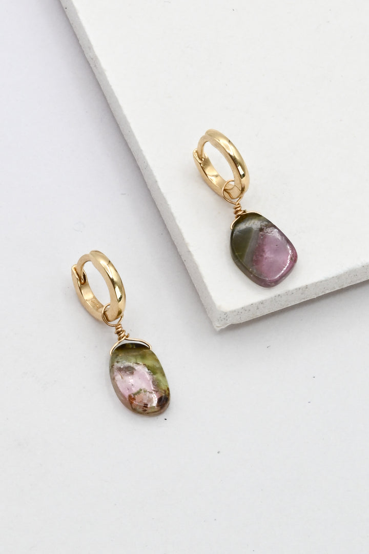 14k gold huggie hoops with watermelon tourmaline slice charms, by J'Adorn Designs