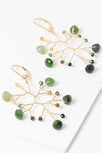 Green jade and brown tourmaline wire-wrapped branch earrings with lever back earring hooks in 14k gold filled metals. Earrings lay flat and diagonally on a white background. 