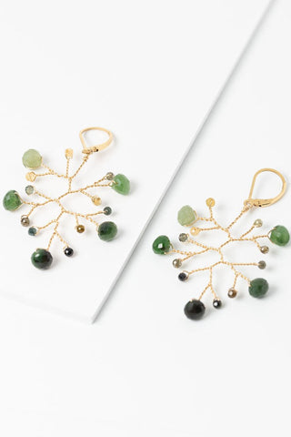 Green jade and brown tourmaline wire-wrapped branch earrings with lever back earring hooks in 14k gold filled metals. Earrings lay flat side by side at a slight angle on a white background. 