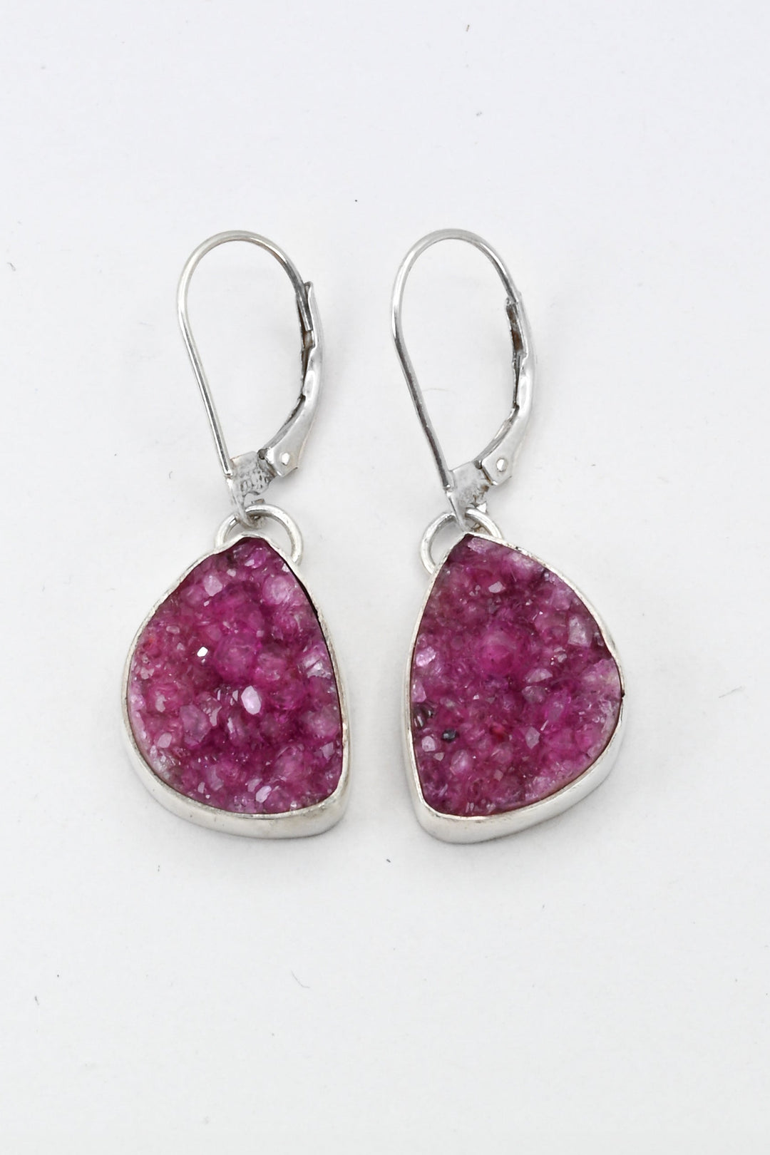 Half moon shaped pink cobaltocalcite gemstone drop earrings in sterling silver, by J'Adorn Designs