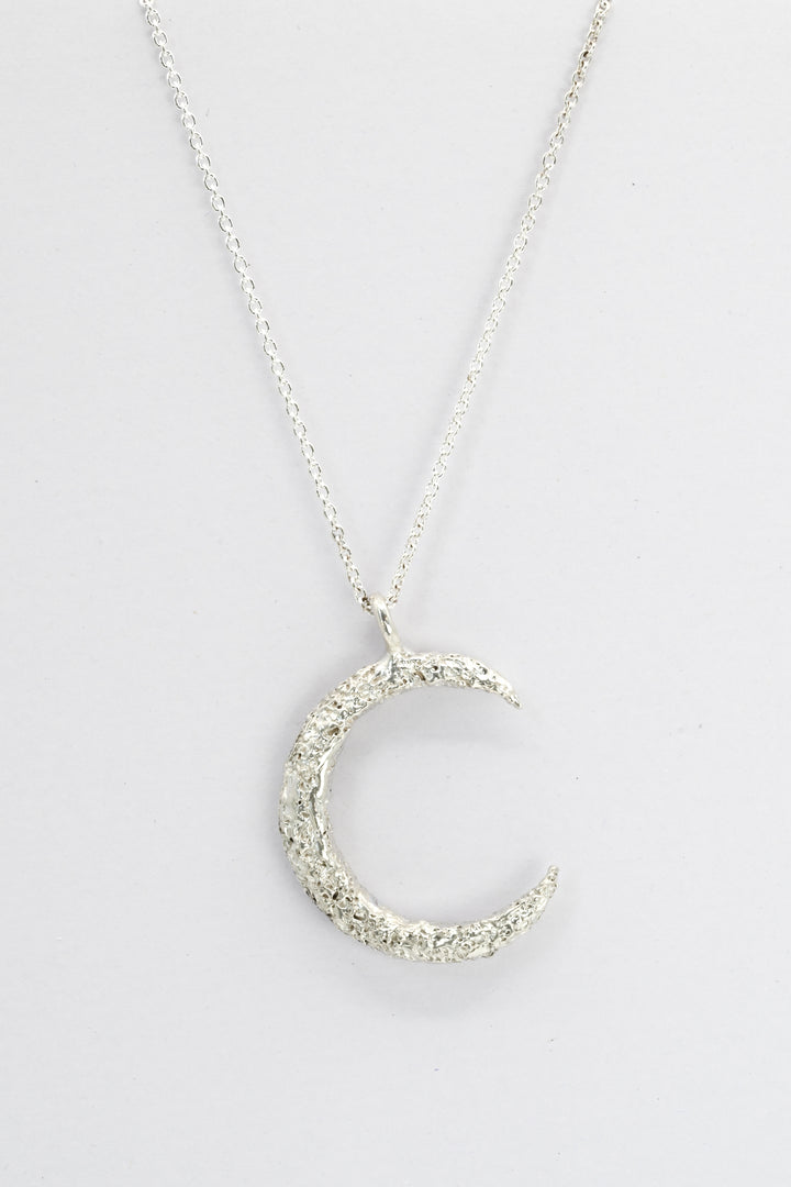 Large Silver Moon Pendant with crater texture on a delicate sterling silver chain