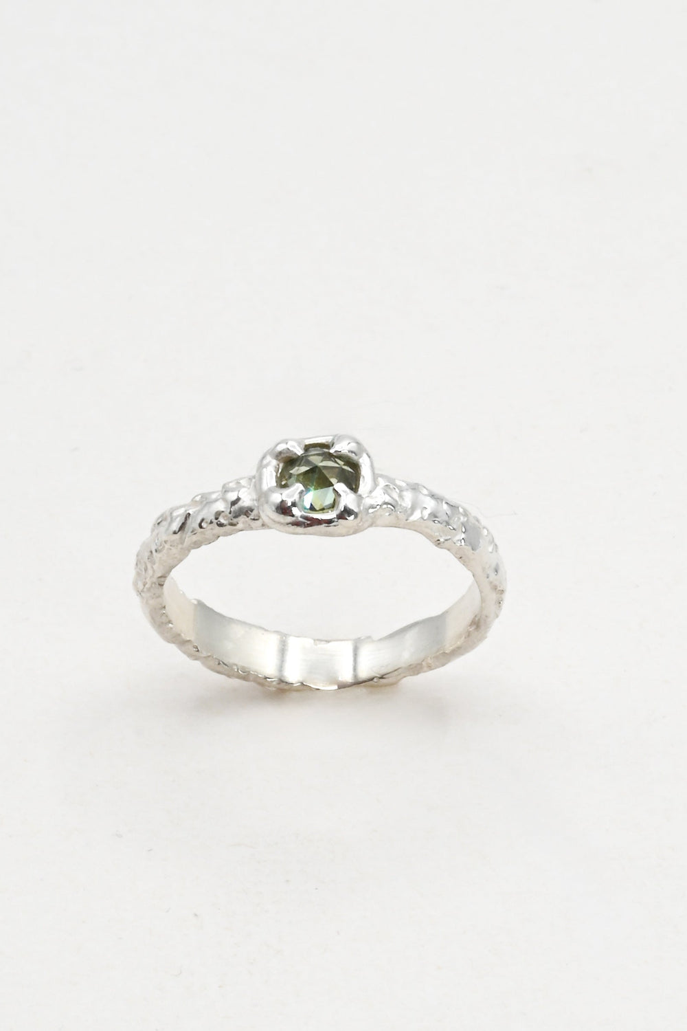 Light green sapphire ring with textured sterling silver band, by J'Adorn Designs
